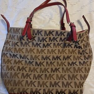 Michael Kors Tan Brown MK Logo Tote with Red Leather Trim